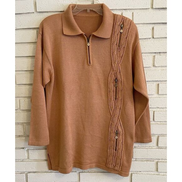 Vintage Peach Sweater Made in Italy Zipper Accents 100% Lucido Orly Fabric  sz L - Picture 1 of 6